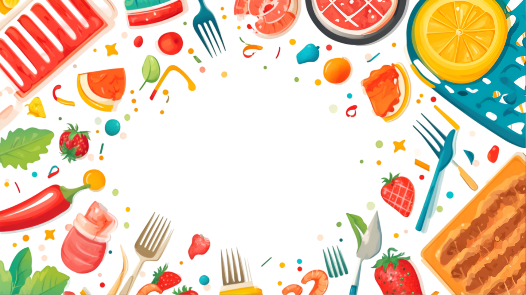 Food frame with various fruits and utensils on a transparent background png
