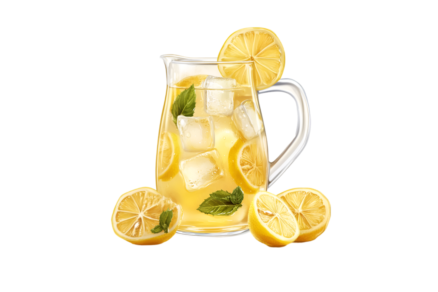 Lemonade pitcher with ice and lemon slices on a transparent background png