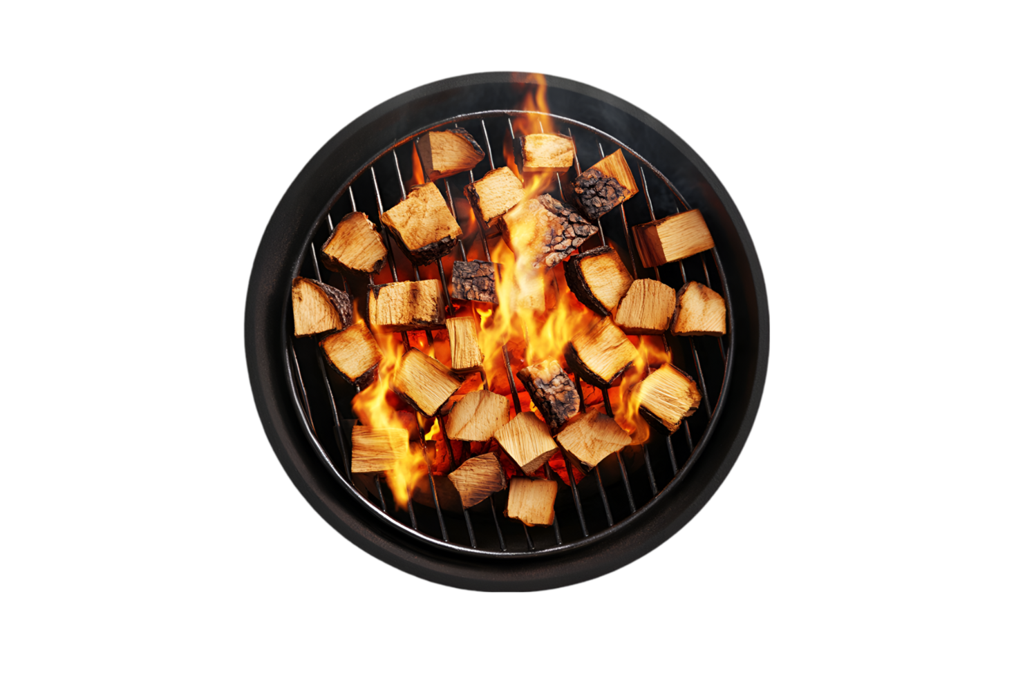 Burning firewood on a charcoal grill with flames on a transparent background png