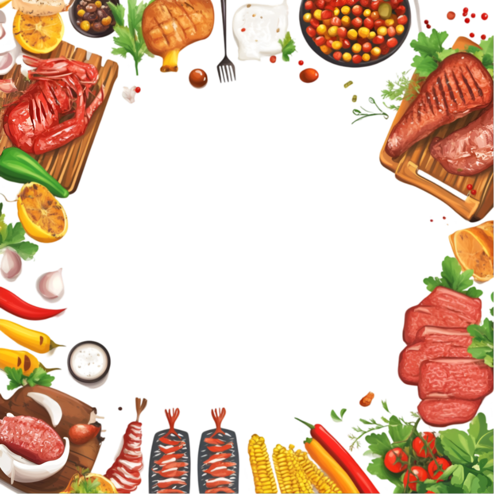 Barbecue grill with food and colorful splashes on a transparent background png