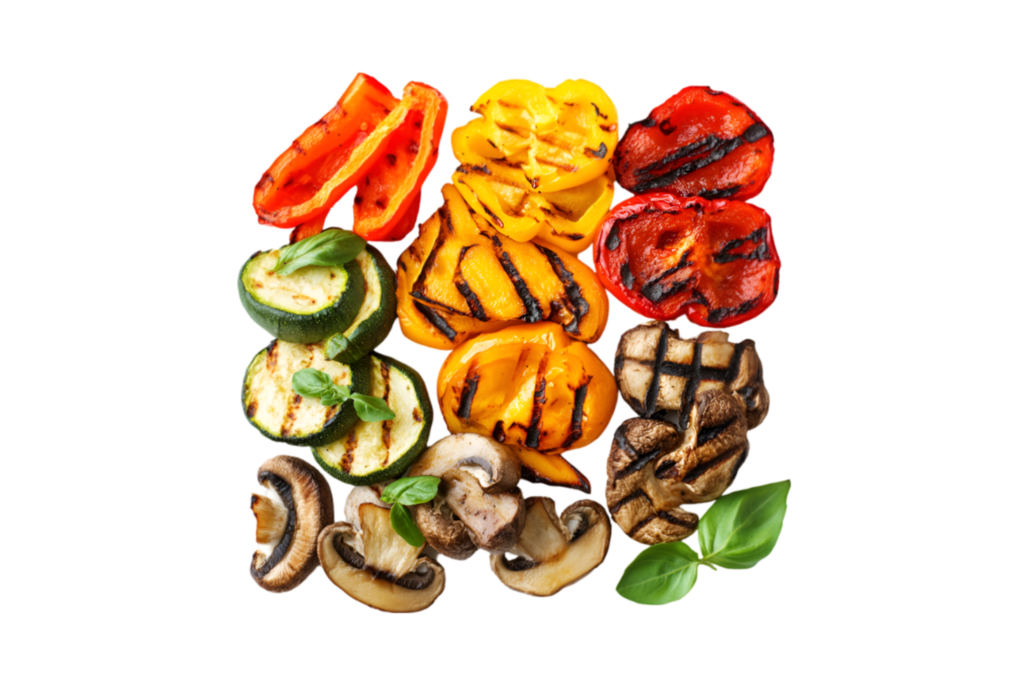 Grilled vegetables with mushrooms and peppers on a transparent background png