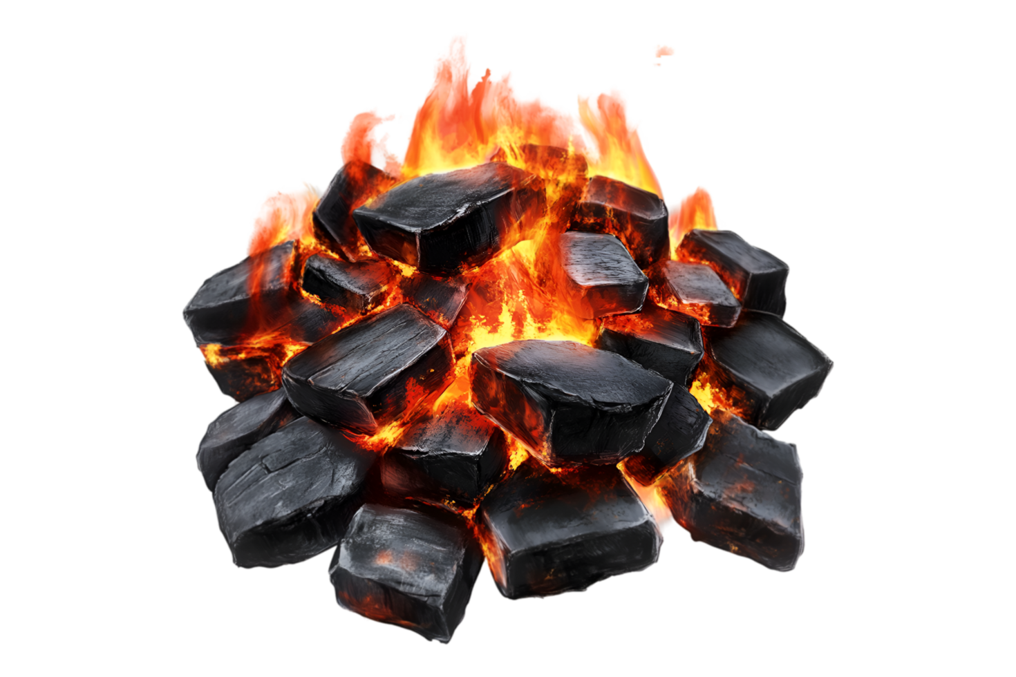 Charcoal briquettes with flames on a transparent background png