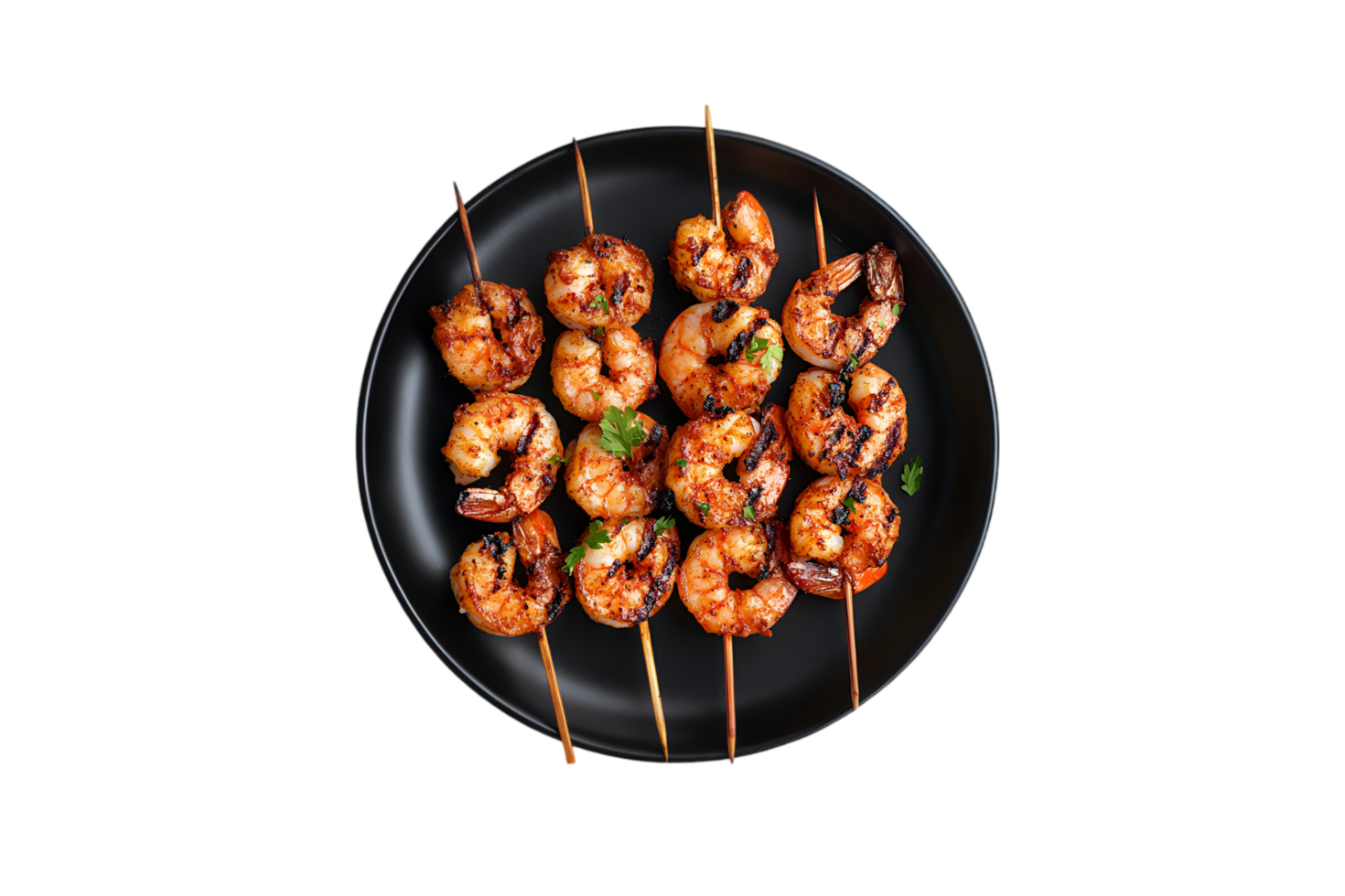 Shrimp skewers with lime and herbs on a transparent background png