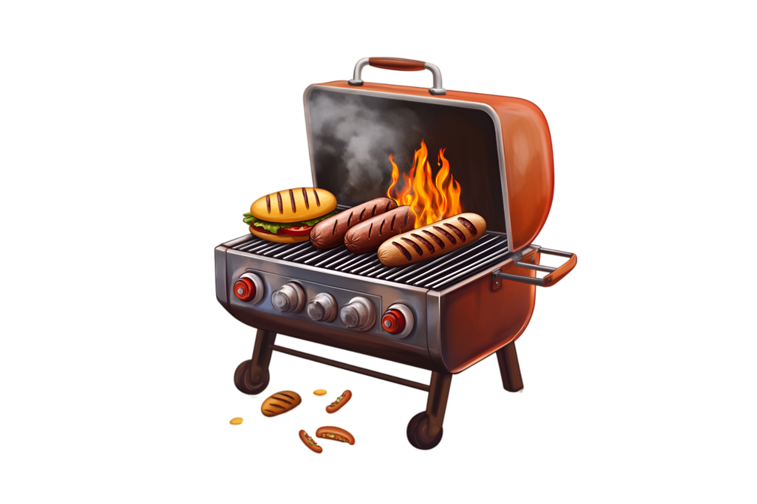 Grill with burgers, hot dogs, and sausage on a transparent background png