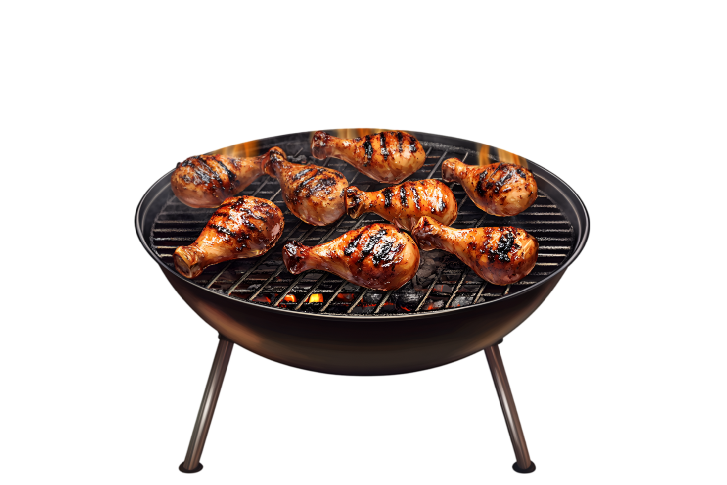 Chicken drumsticks on a barbecue grill on a transparent background png