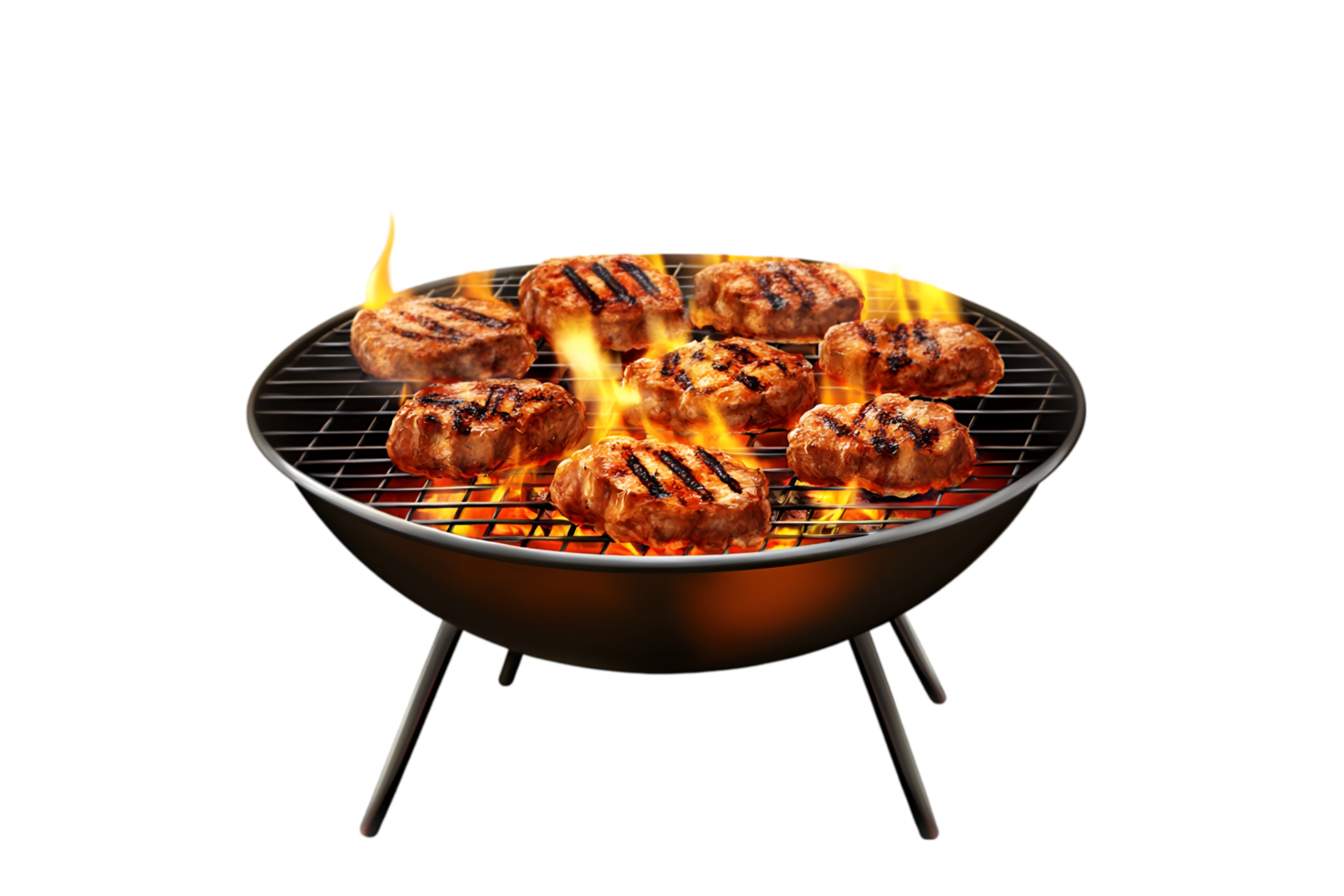 Grilled steaks on a flaming barbecue on a transparent background png