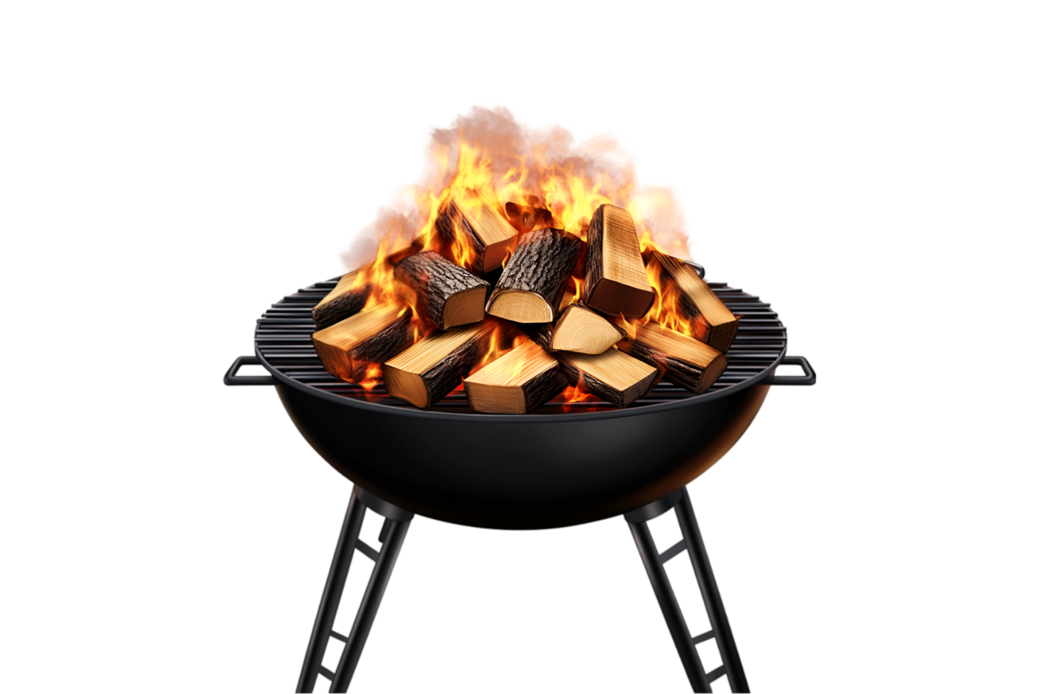 Burning firewood on a charcoal grill with flames on a transparent background png