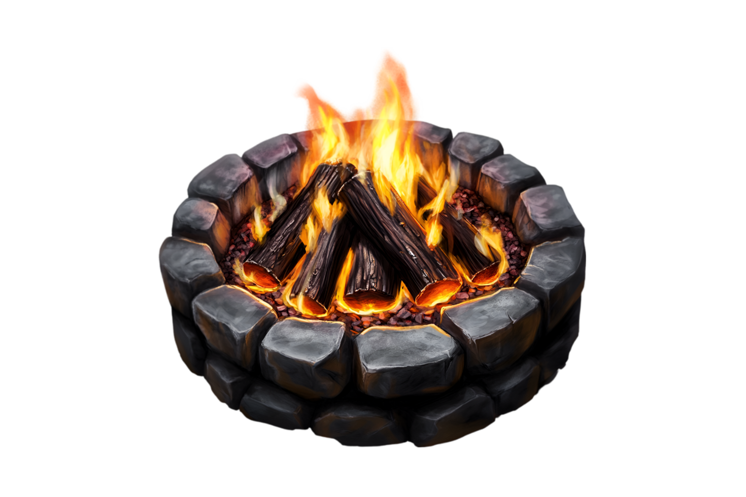 Fire pit with glowing flames on a transparent background png