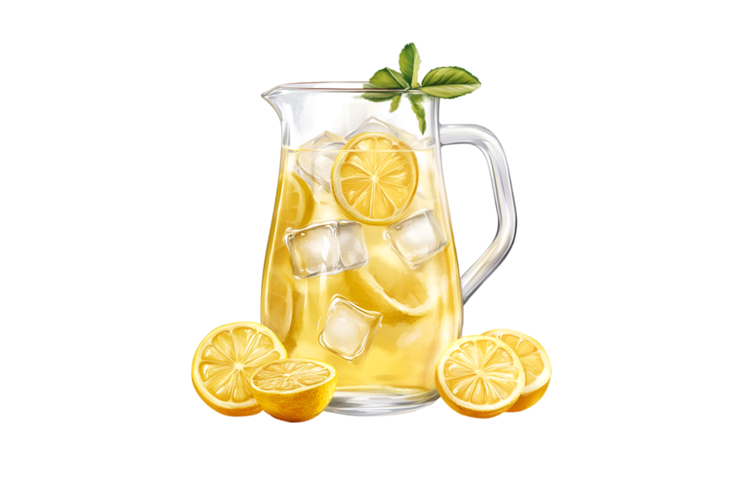 Lemonade pitcher with ice and lemon slices on a transparent background png
