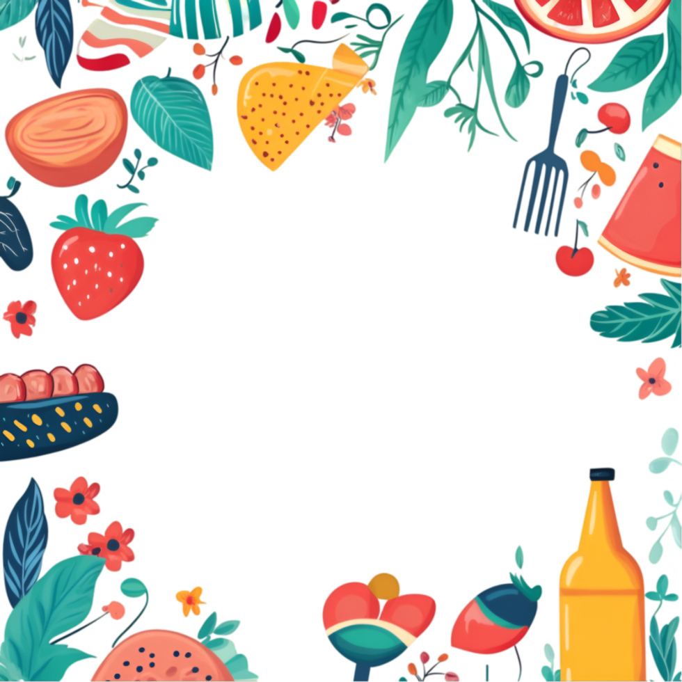 Food frame with various fruits and utensils on a transparent background png
