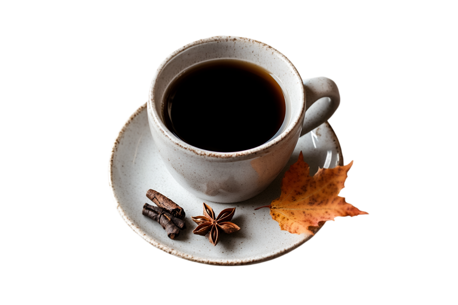 Coffee cup with autumn leaf and spices isolated on a transparent background png