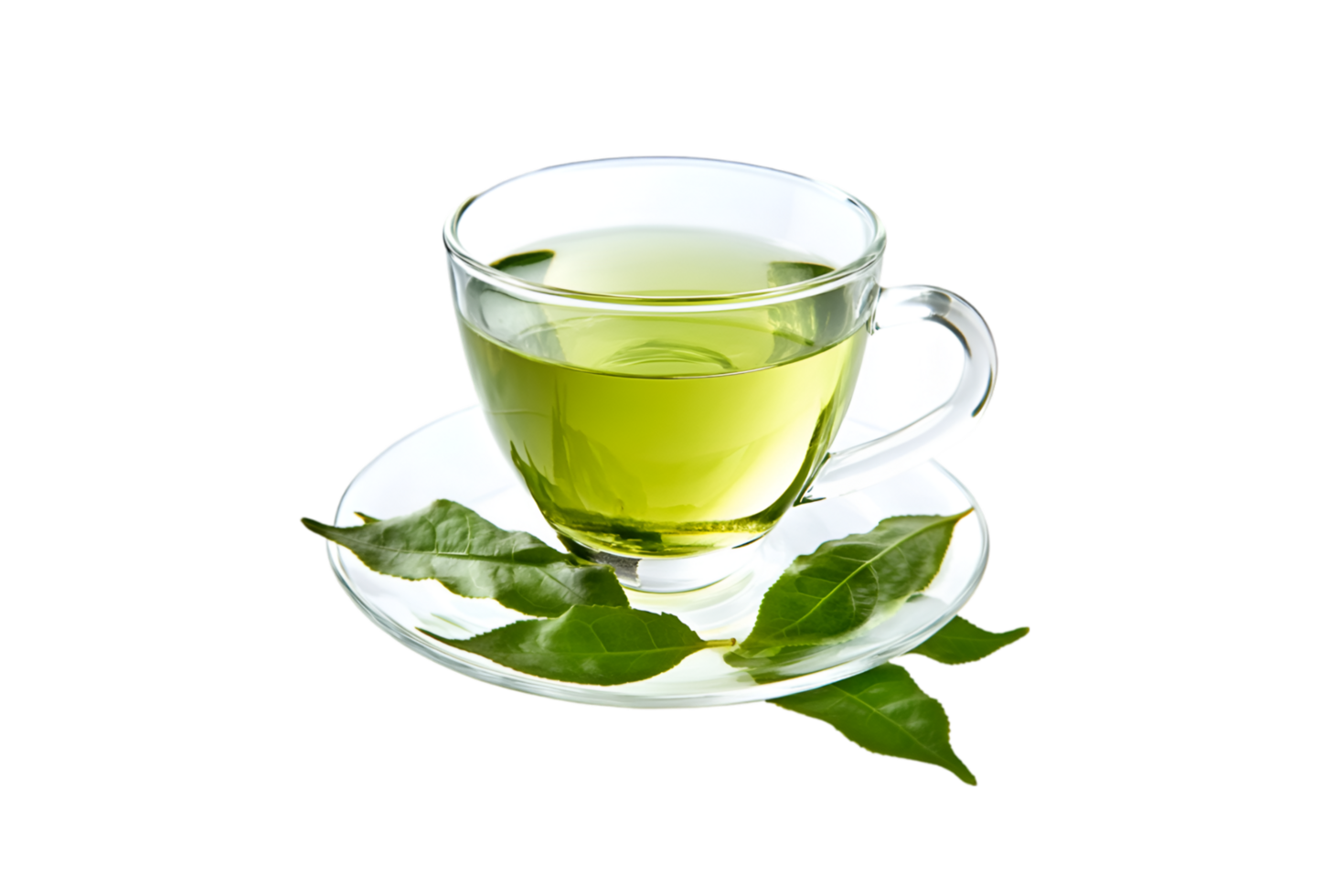 Cup of green tea with tea leaves isolated on a transparent background png