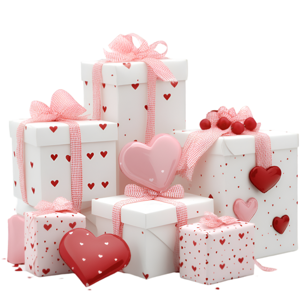 Valentine gift boxes with heart decorations isolated on a transparent background png