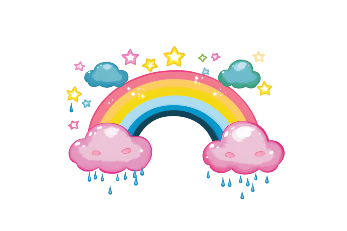 Cute rainbow with clouds and stars isolated on a transparent background png