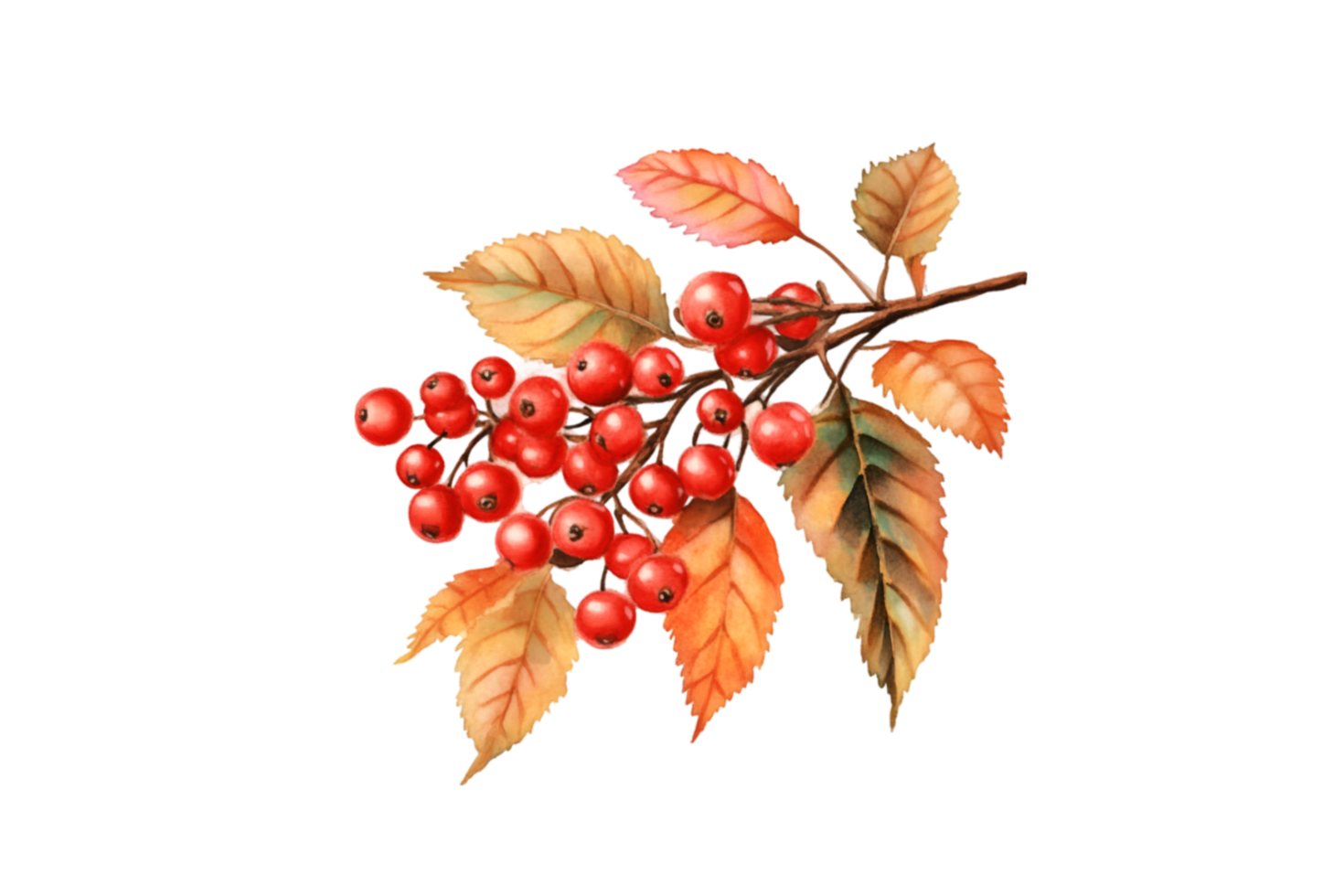Red berries with autumn leaves isolated on a transparent background png