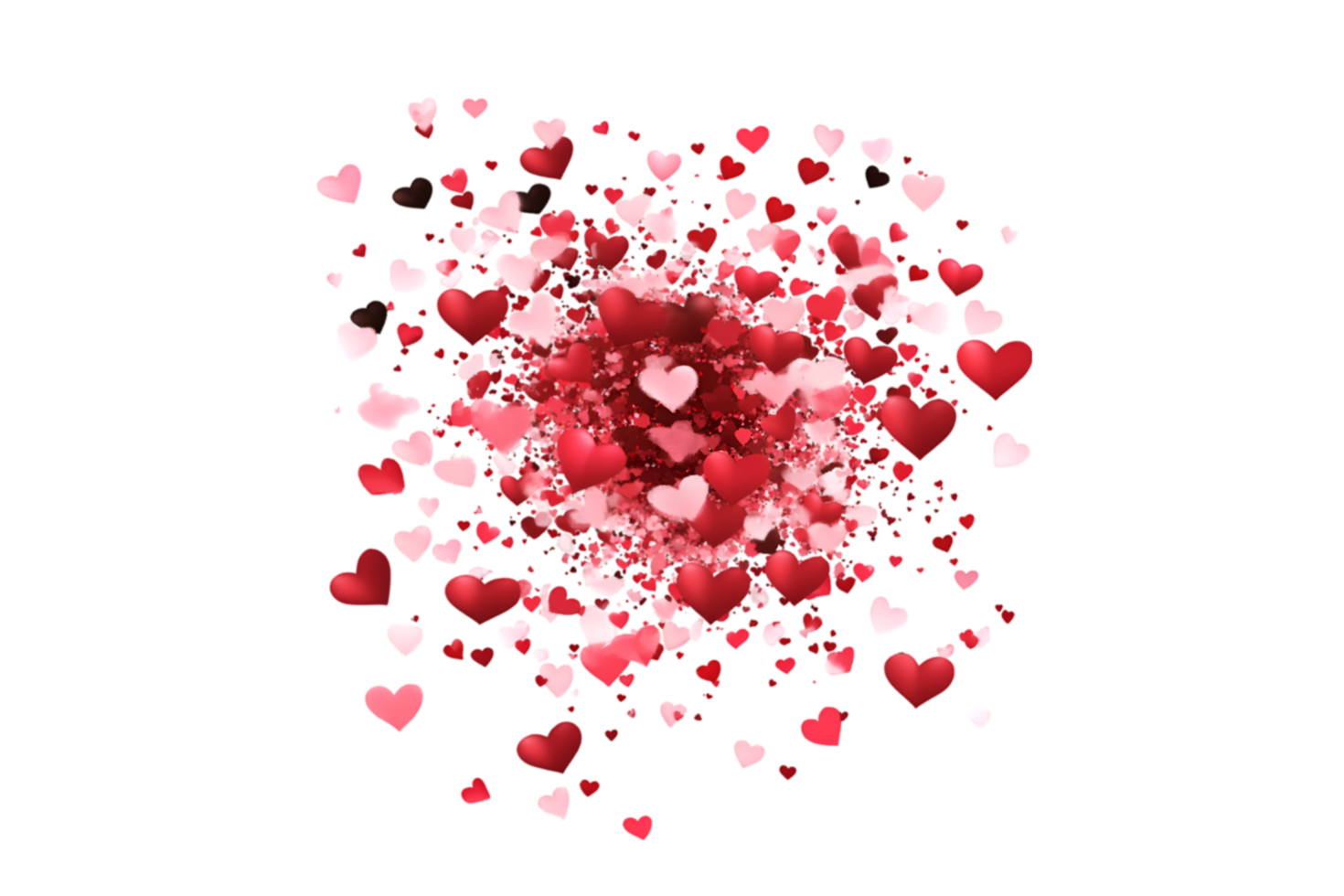 Red and pink heart shapes scattered isolated on a transparent background png