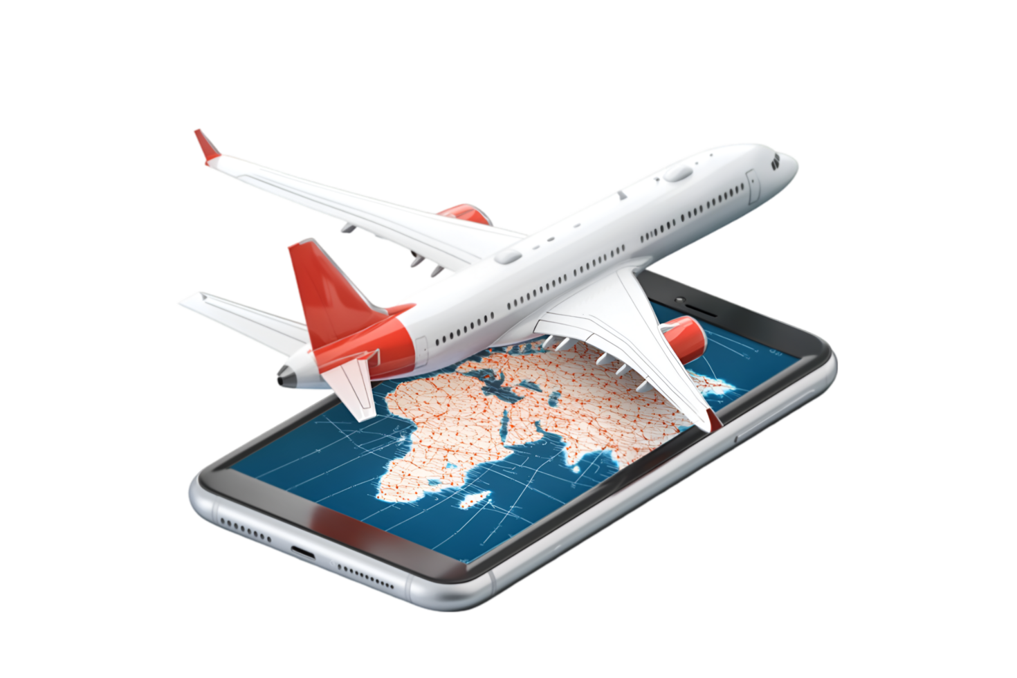 Airplane with smartphone and world map isolated on a transparent background png
