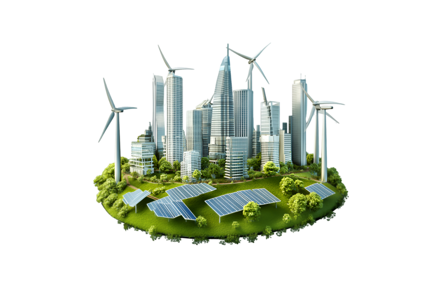 Futuristic eco city with wind turbines and solar panels isolated on a transparent background png