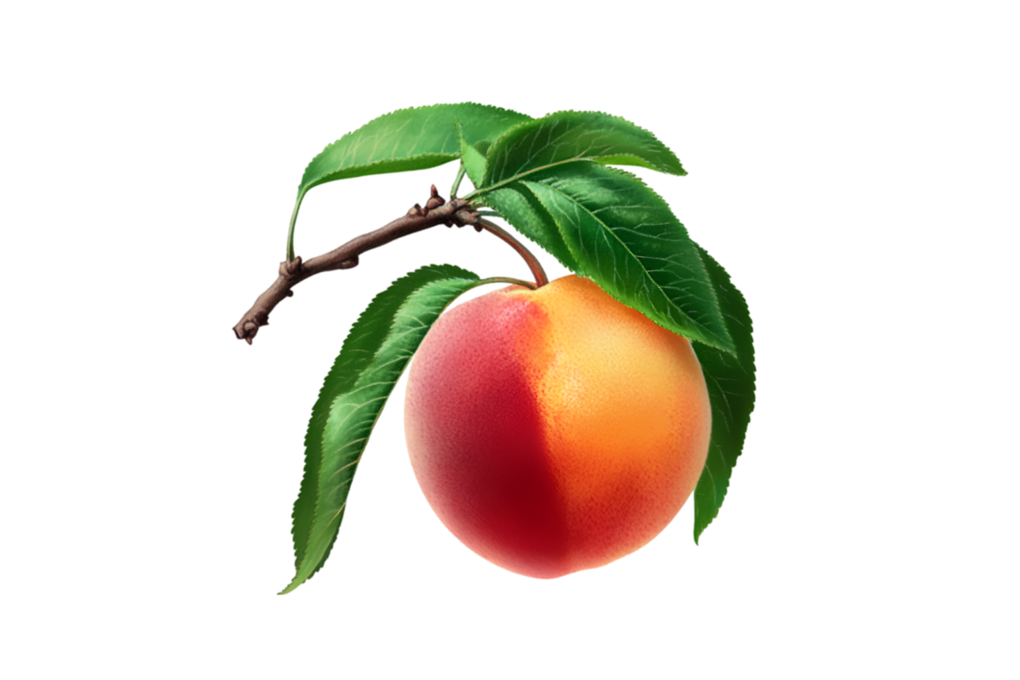 Peach fruit with leaves on a branch isolated on a transparent background png