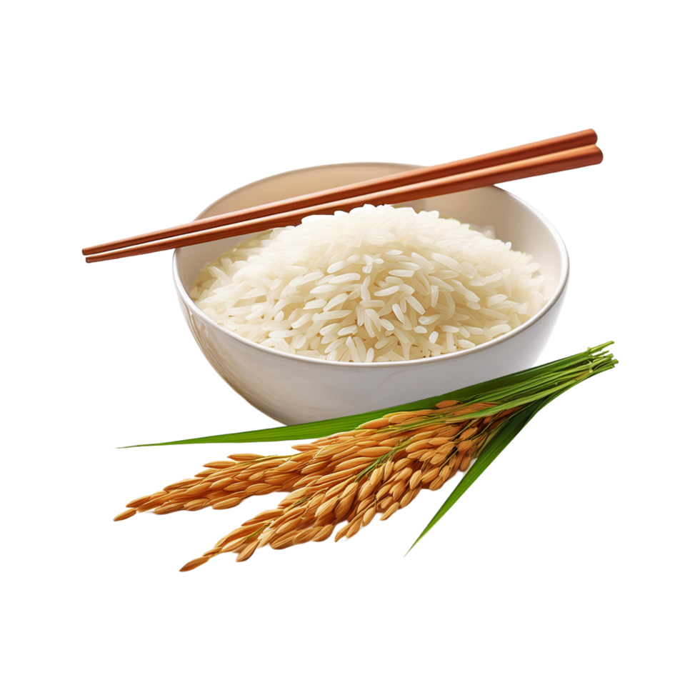 White bowl of rice with chopsticks on transparent background png