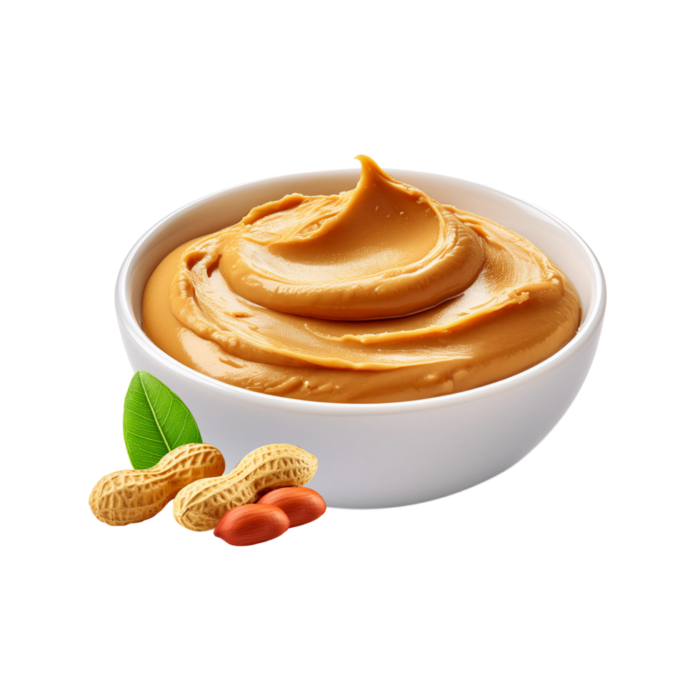 White bowl of of Peanut Butter with peanut slices and leaf on transparent background png