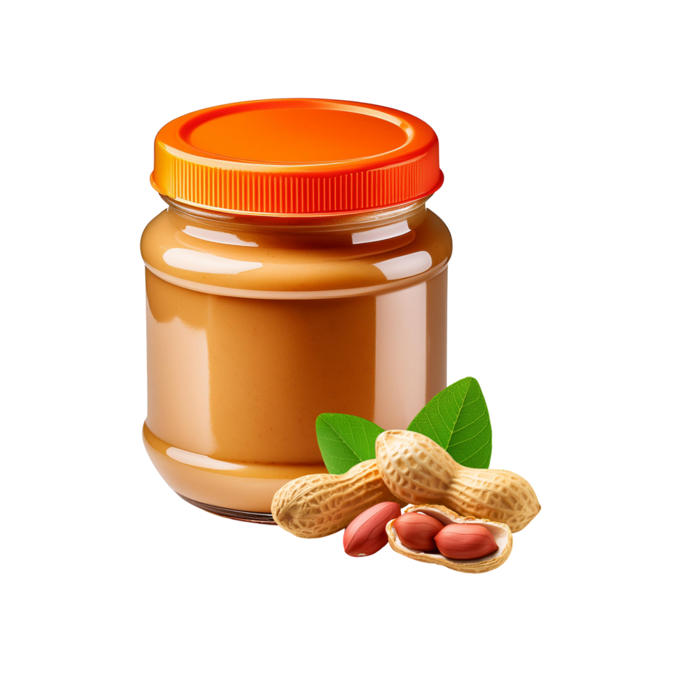Bottle of Peanut Butter with fresh peanut slices on transparent background png