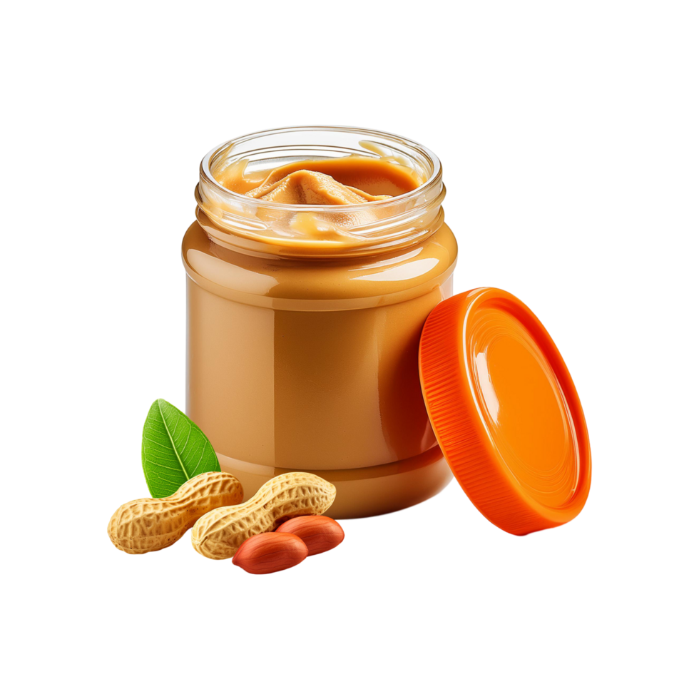 Bottle of Peanut Butter with peanut slices and leaf on transparent background png