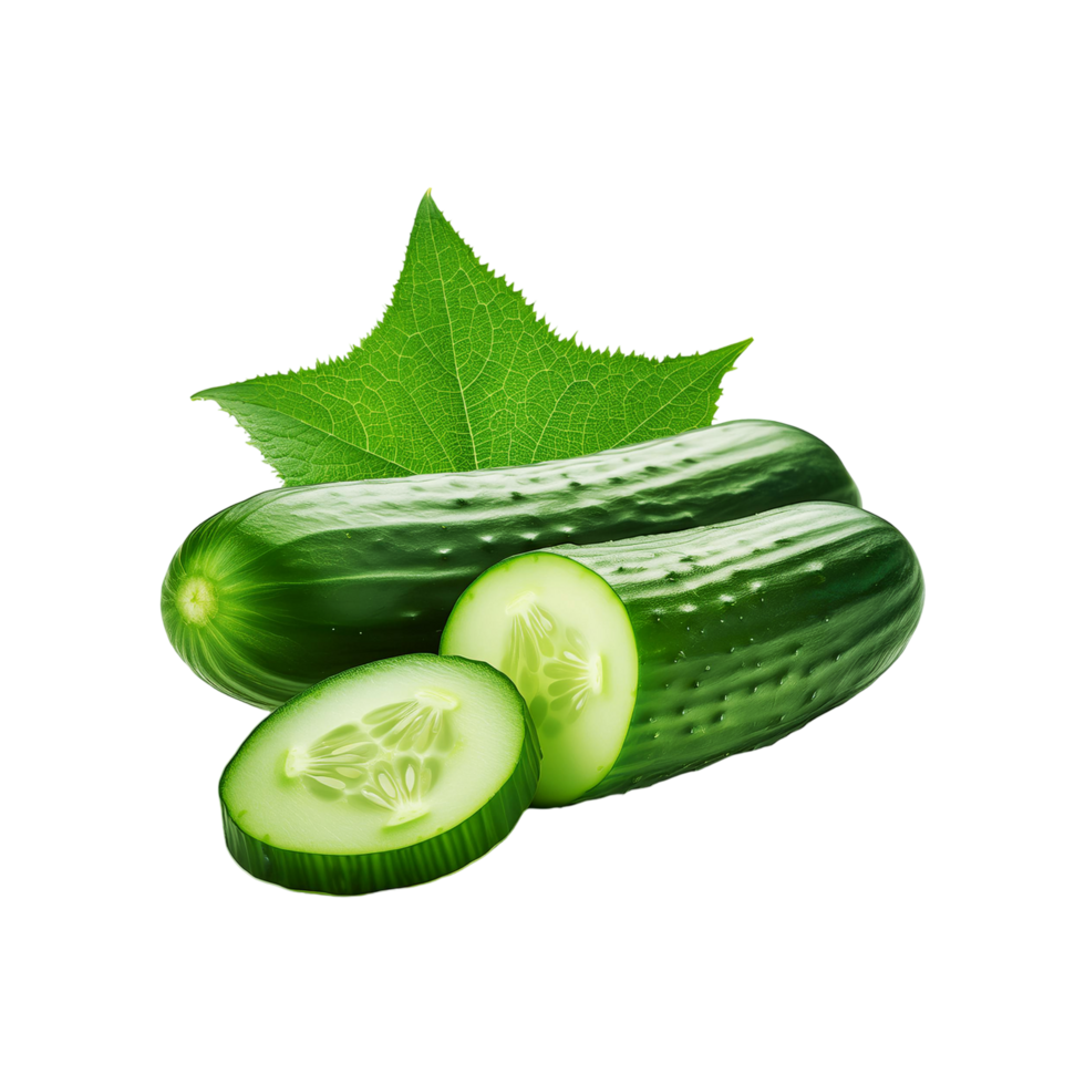 Green cucumber with slices and leaf on transparent background png