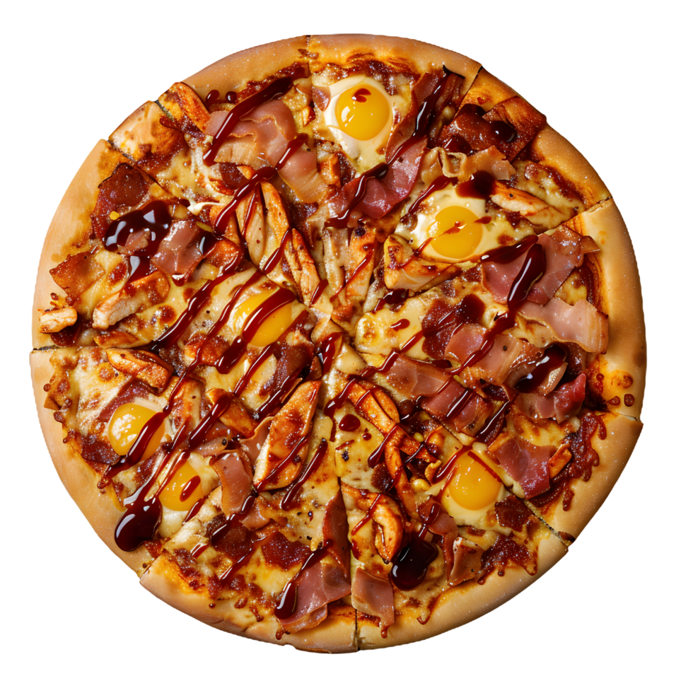 a pizza with chicken, bacon and eggs on it png