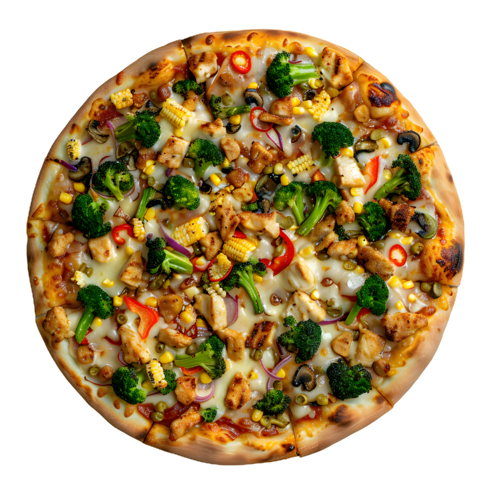 a pizza with vegetables and chicken on it png