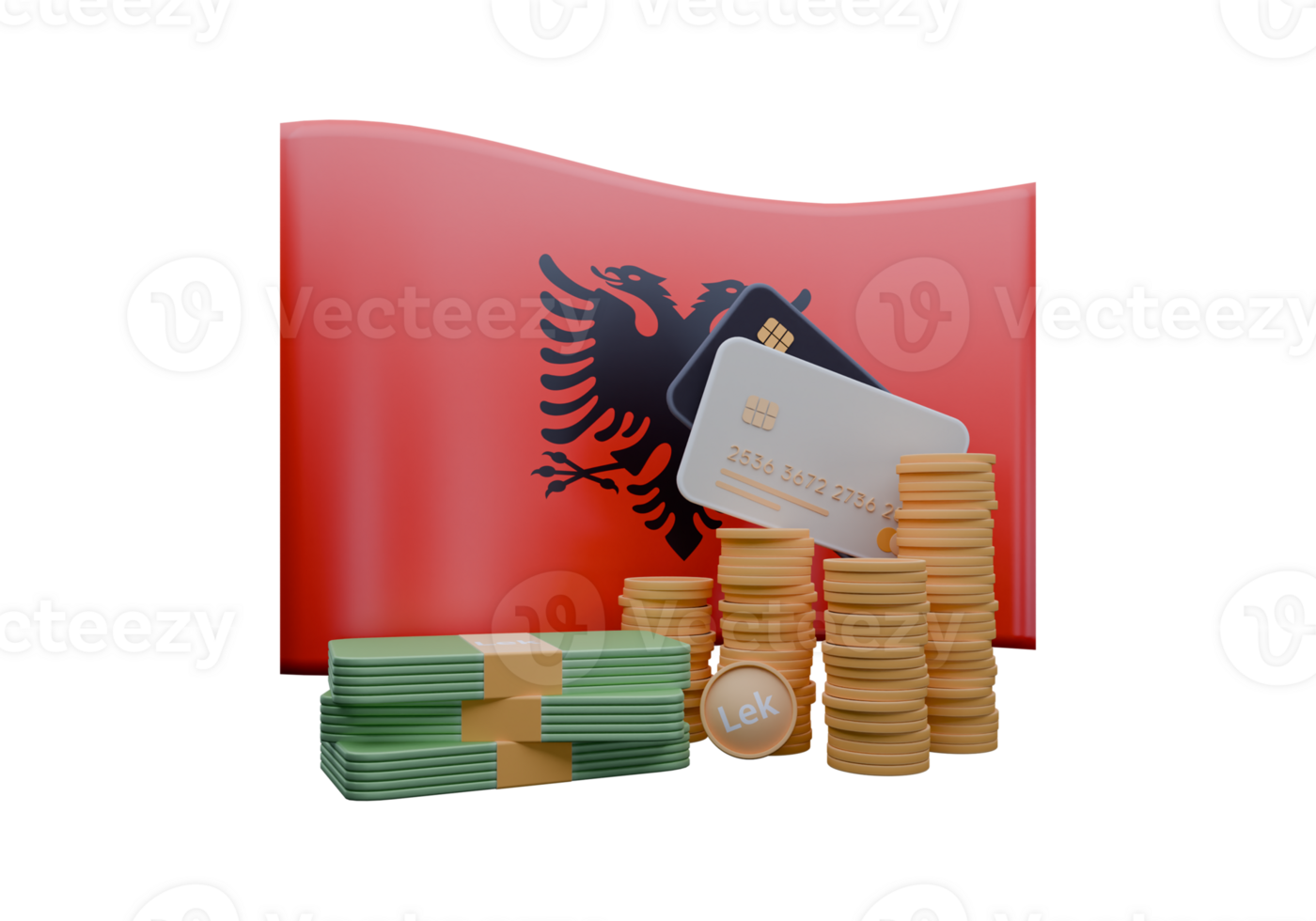 Blazing 3D render illustration of Albania flag and currency called Lek png