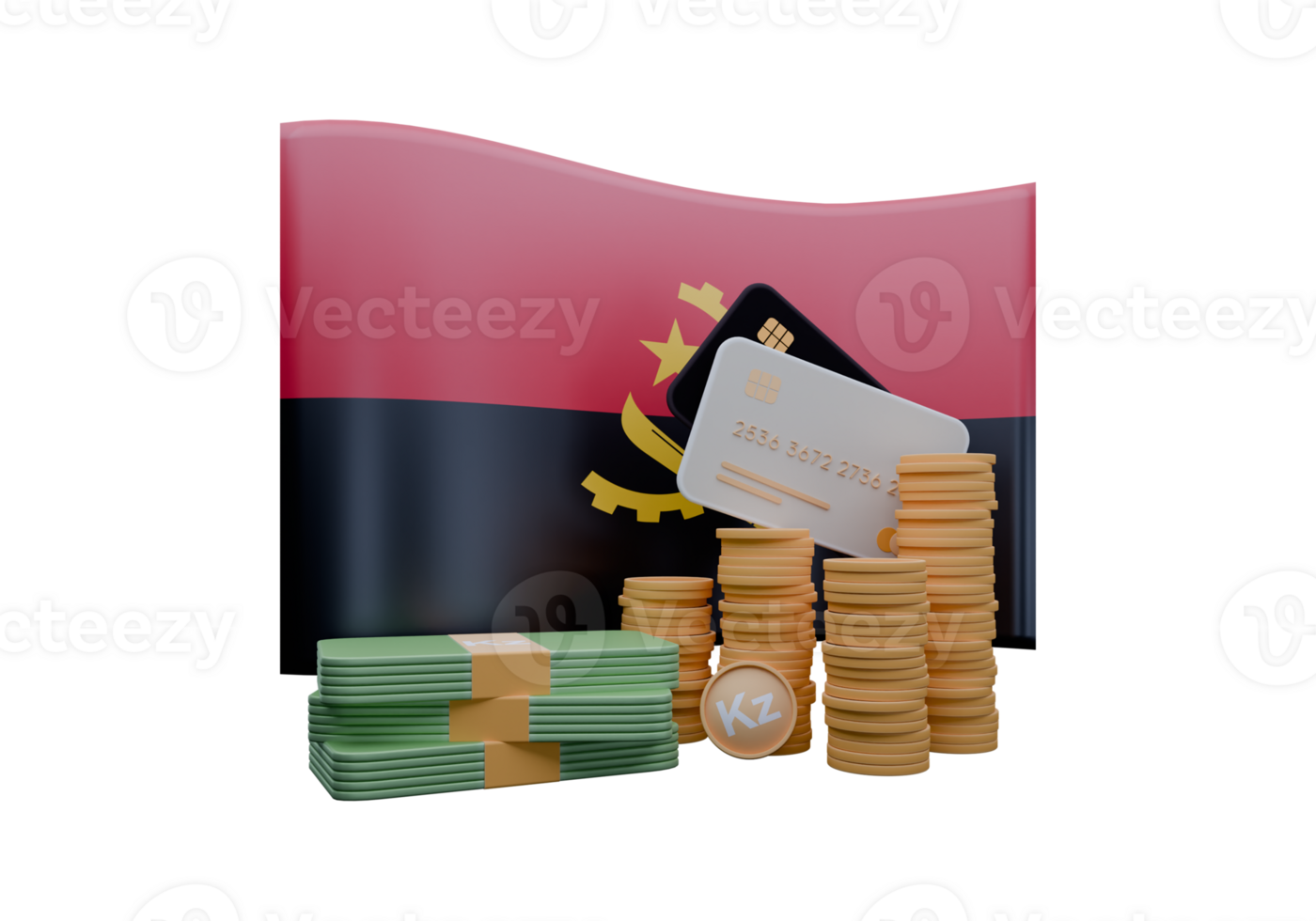 Alluring 3D render illustration of Angola flag and currency called Kwanza png