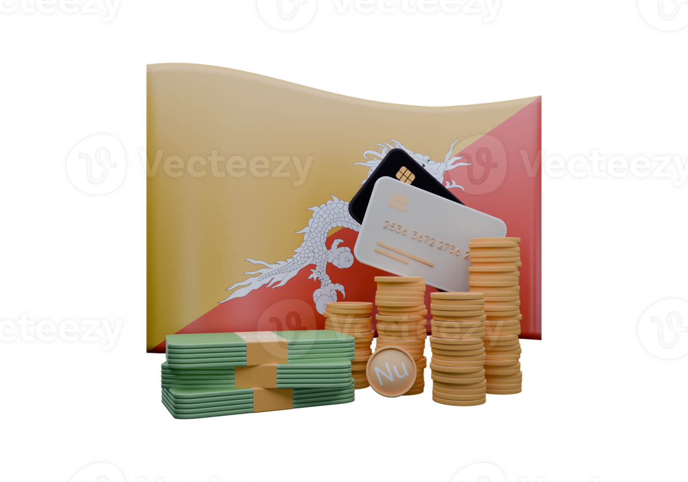 Heavenly 3D render illustration of Bhutan flag and currency called Ngultrum png