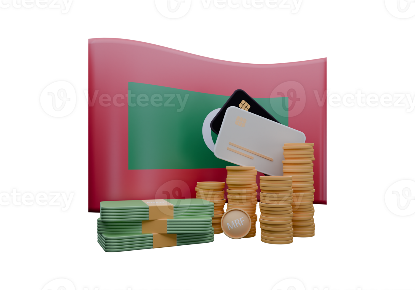 Unspoiled 3D render illustration of Maldives flag and currency called Rufiyaa png