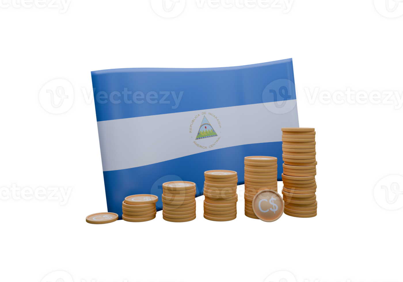 Bold 3D render illustration of Nicaragua flag and currency called Cordoba png