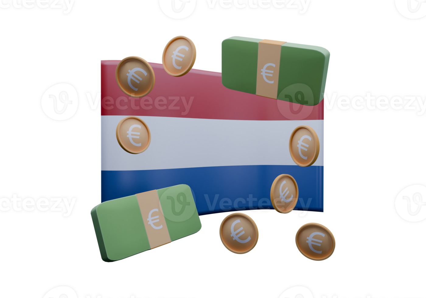 Arresting 3D render illustration of Netherlands flag and currency called Euro png