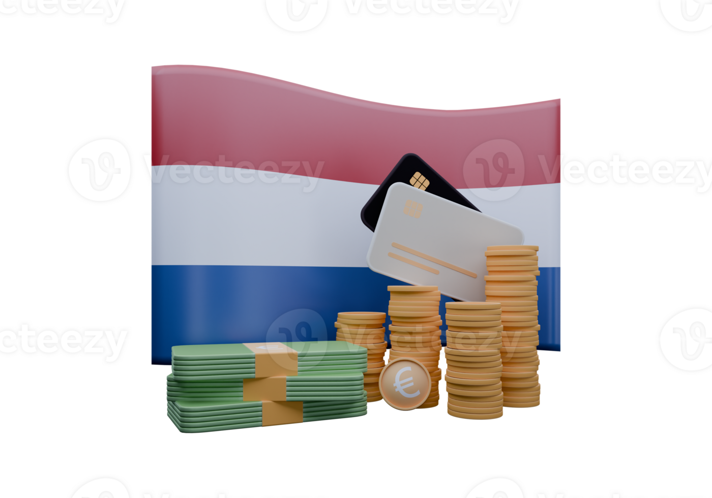 Alluring 3D render illustration of Netherlands flag and currency called Euro png
