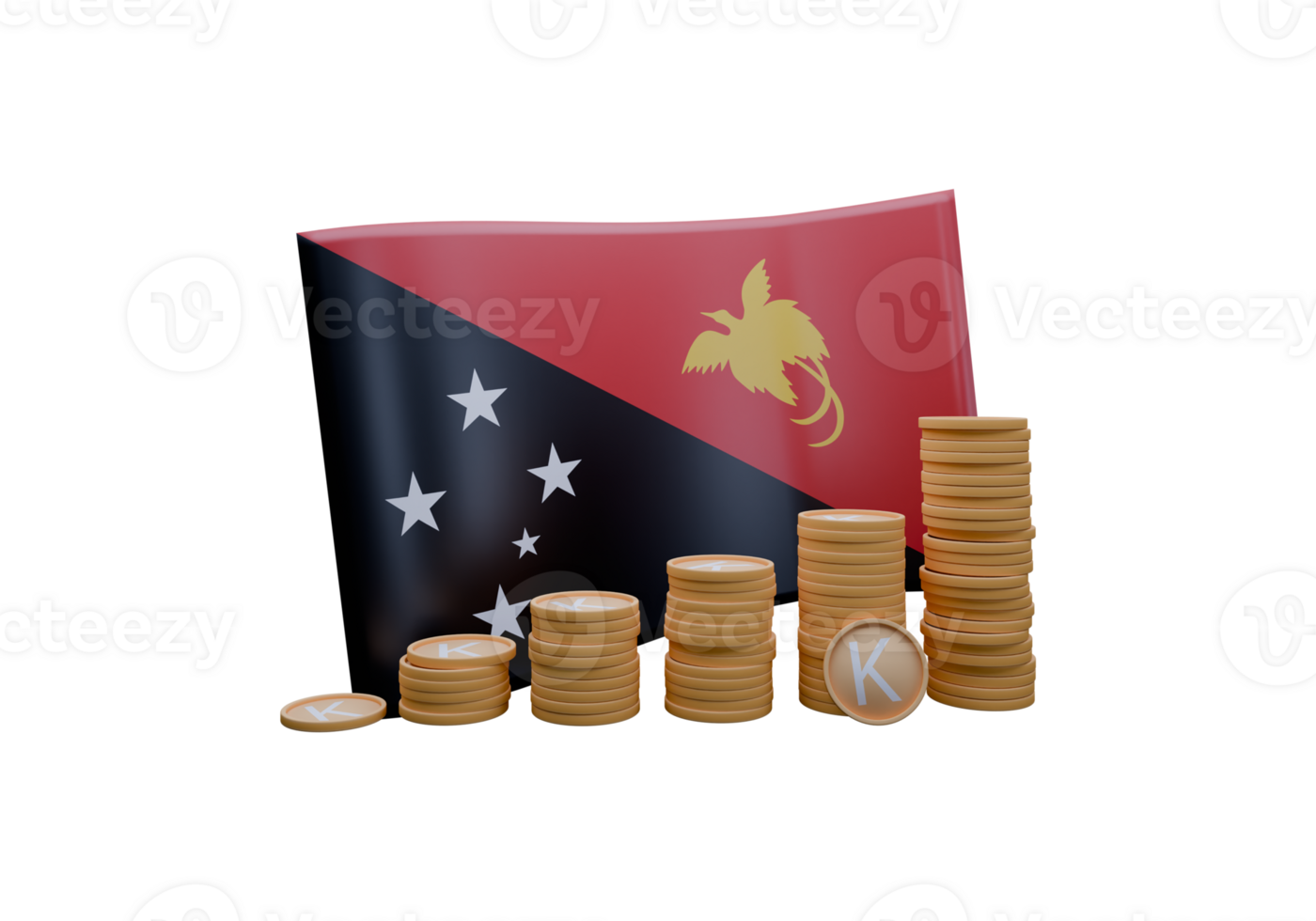 Tasteful 3D render illustration of Papua New Guinea flag and currency called Kina png