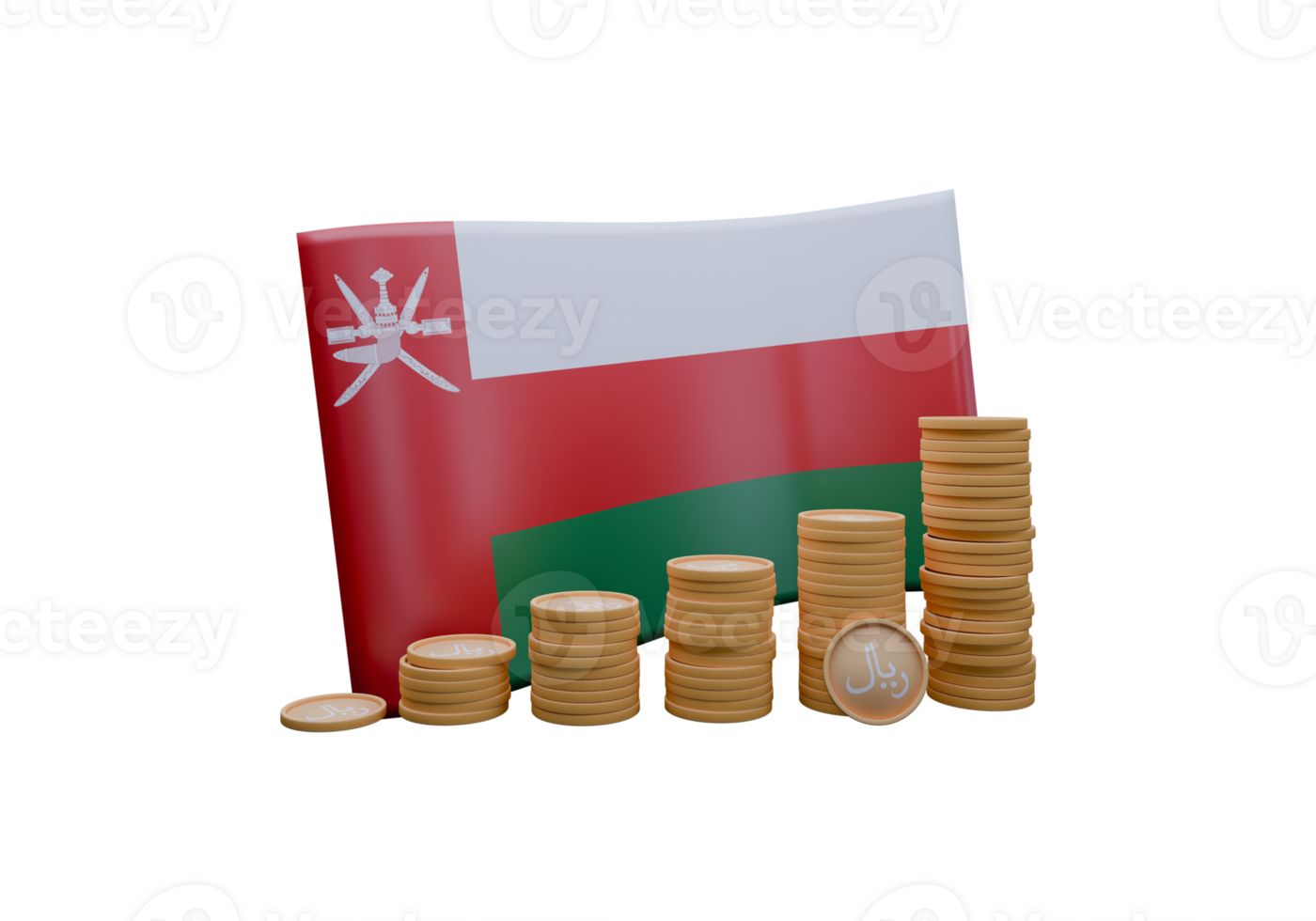 Sublime 3D render illustration of Oman flag and currency called Rial png