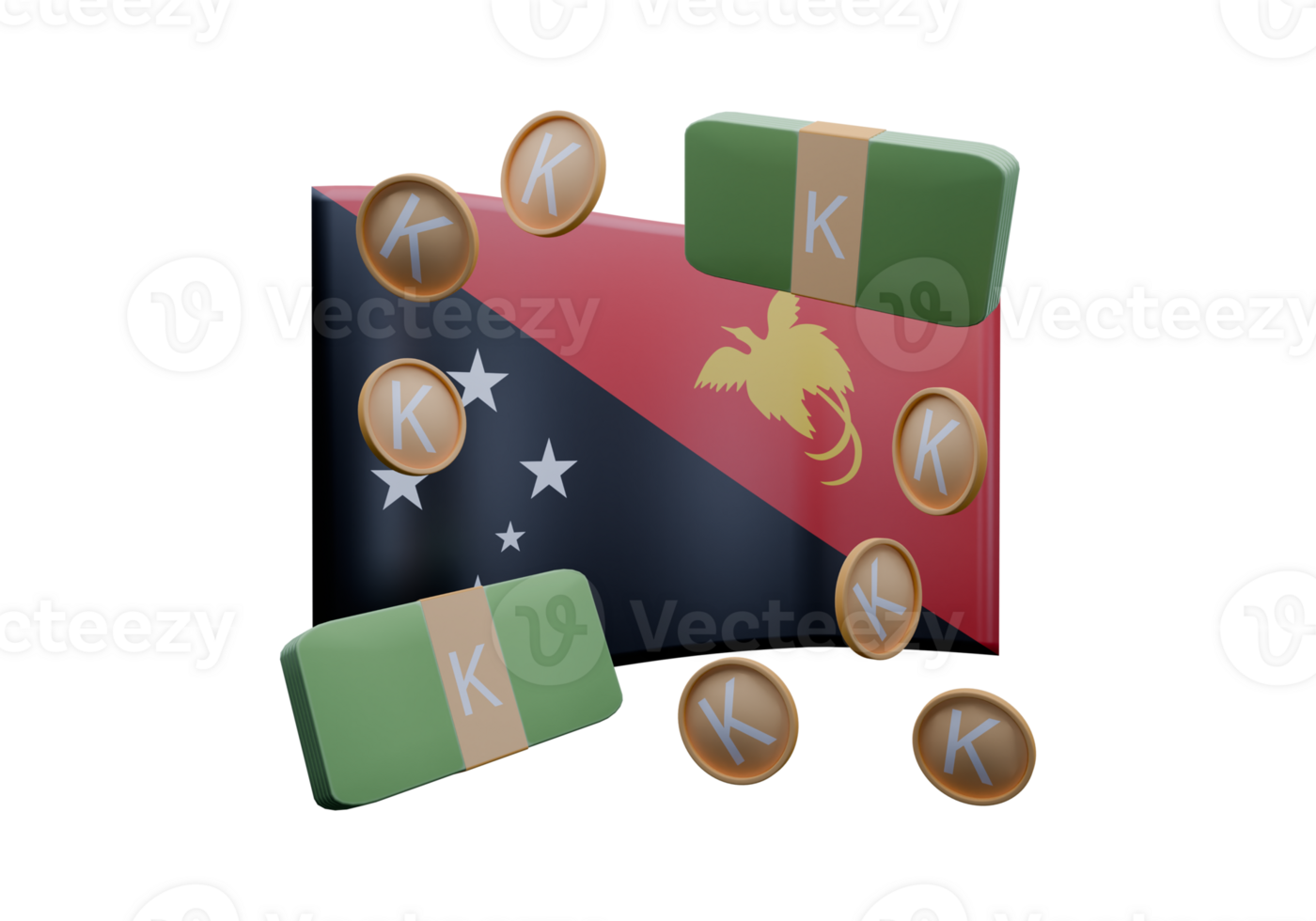 Statuesque 3D render illustration of Papua New Guinea flag and currency called Kina png