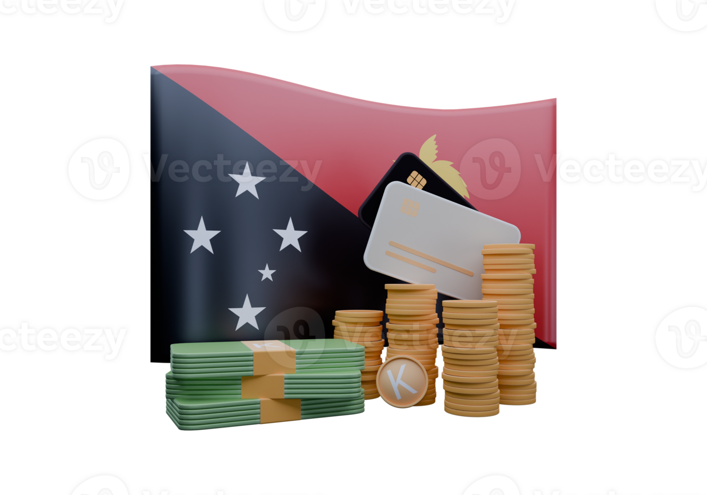 Showy 3D render illustration of Papua New Guinea flag and currency called Kina png