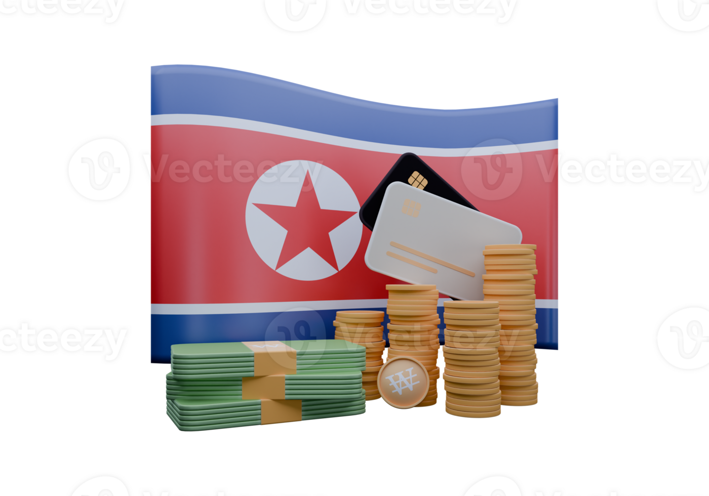 Perfect 3D render illustration of North Korea flag and currency called Won png
