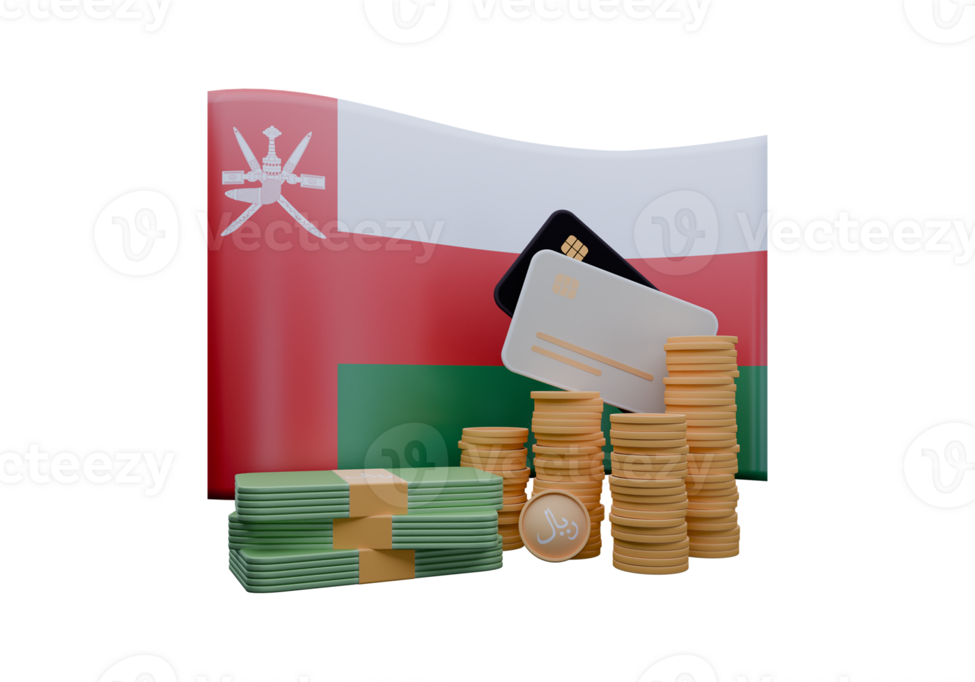 Outstanding 3D render illustration of Oman flag and currency called Rial png
