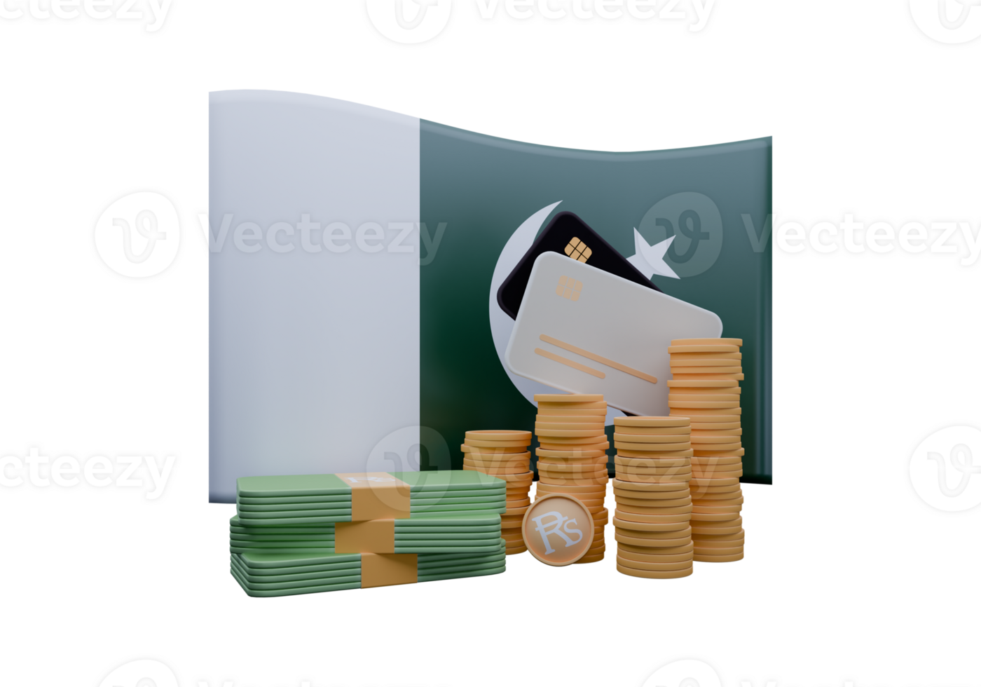 Marvelous 3D render illustration of Pakistan flag and currency called Rupee png