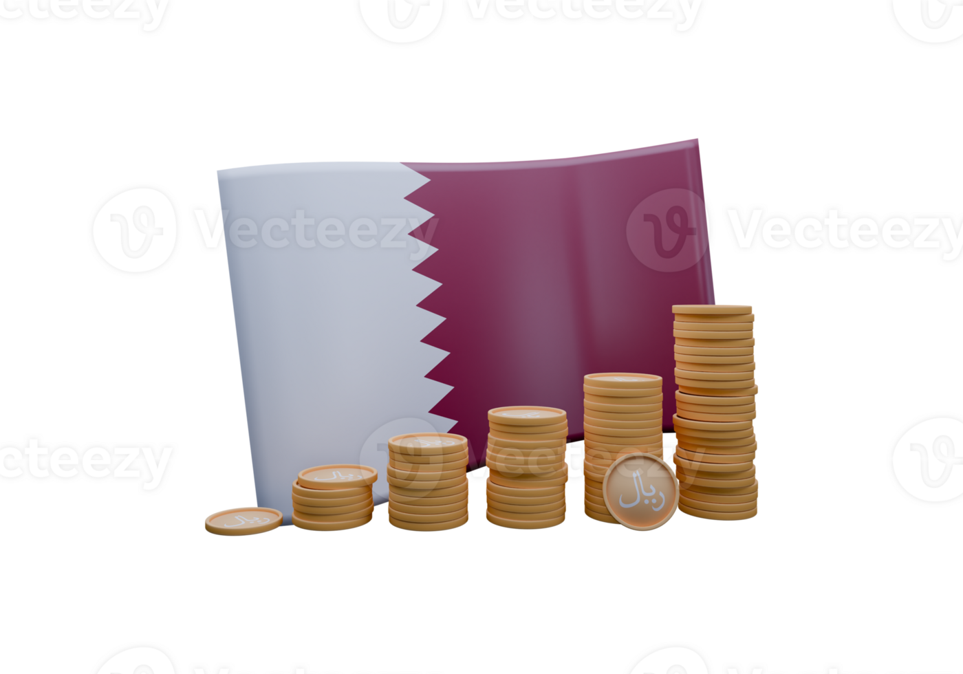 Luminous 3D render illustration of Qatar flag and currency called Rial png