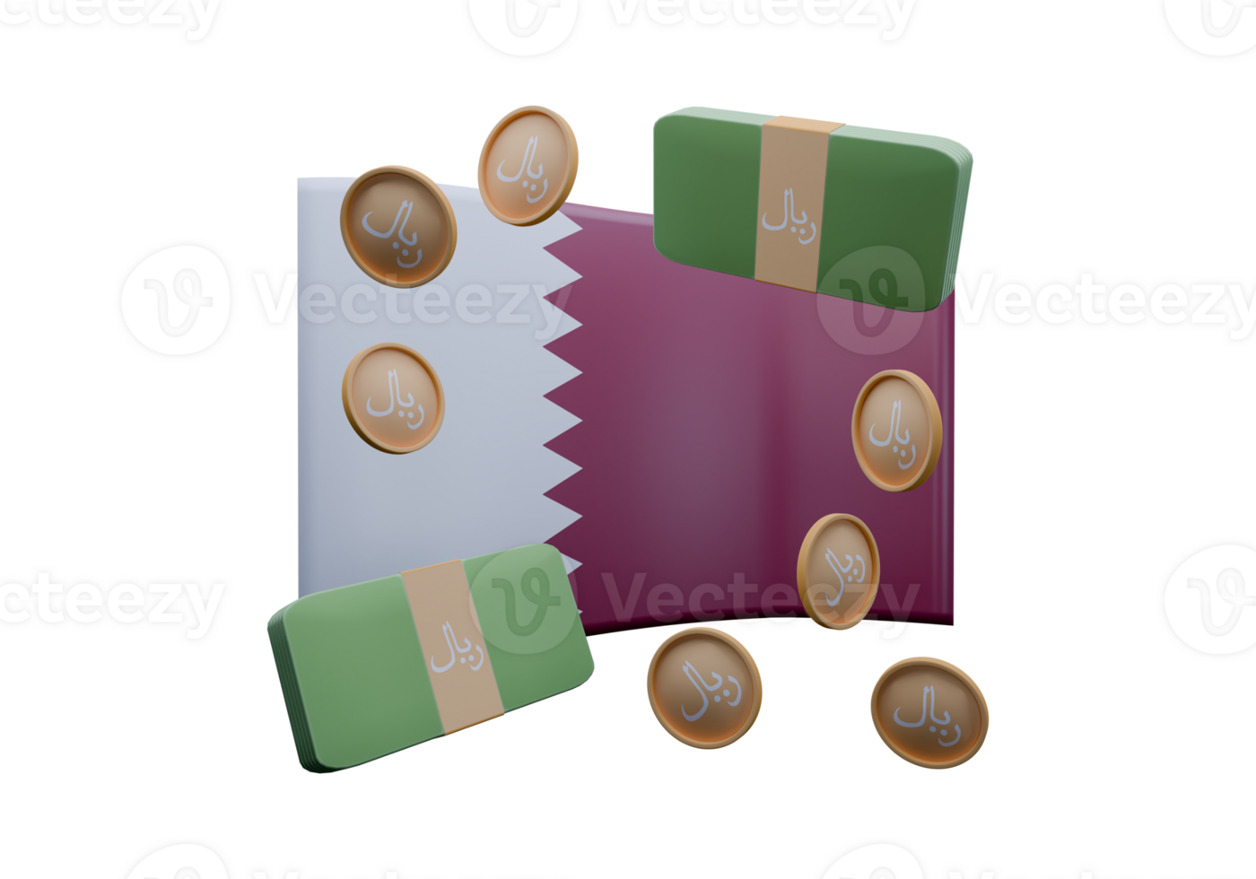 Graceful 3D render illustration of Qatar flag and currency called Rial png
