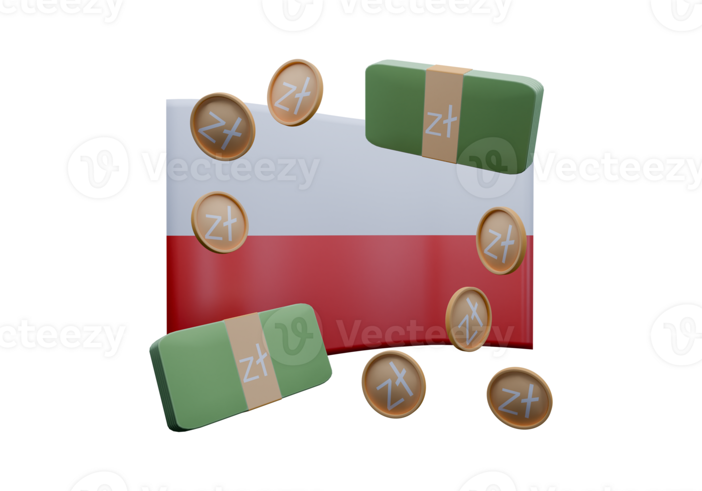 Flawless 3D render illustration of Poland flag and currency called Zloty png