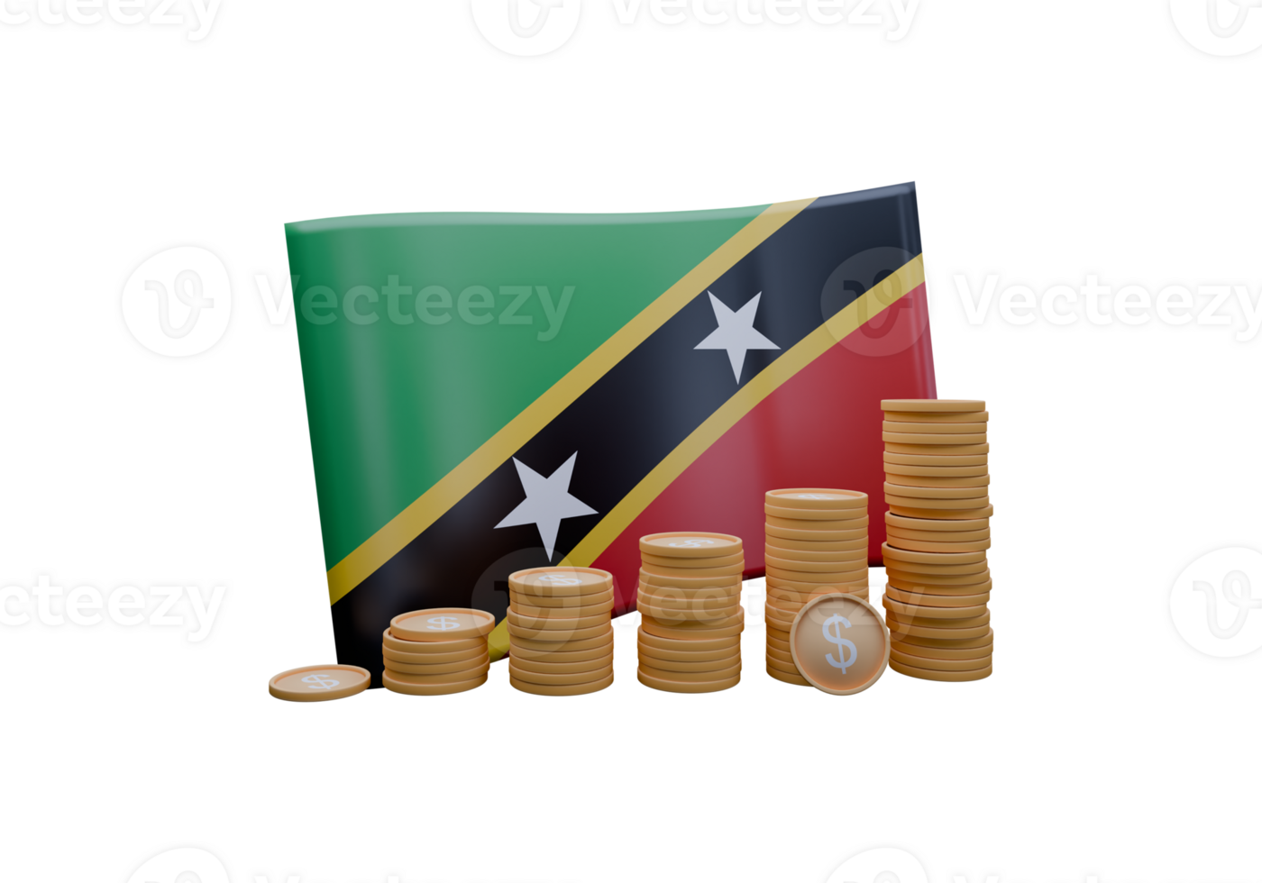 Grand 3D render illustration of Saint Kitts and Nevis flag and currency called Dollar png