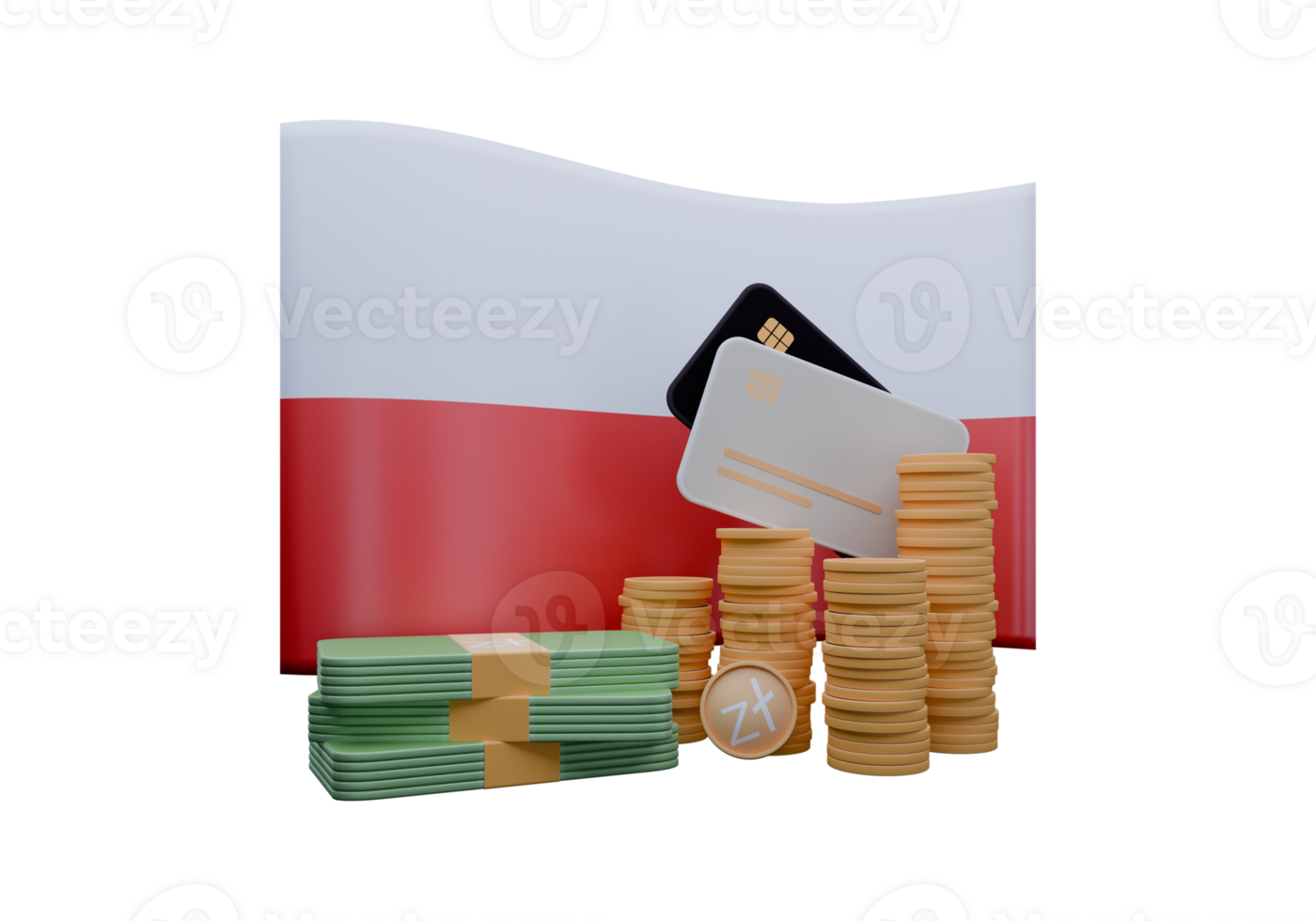 Exquisite 3D render illustration of Poland flag and currency called Zloty png