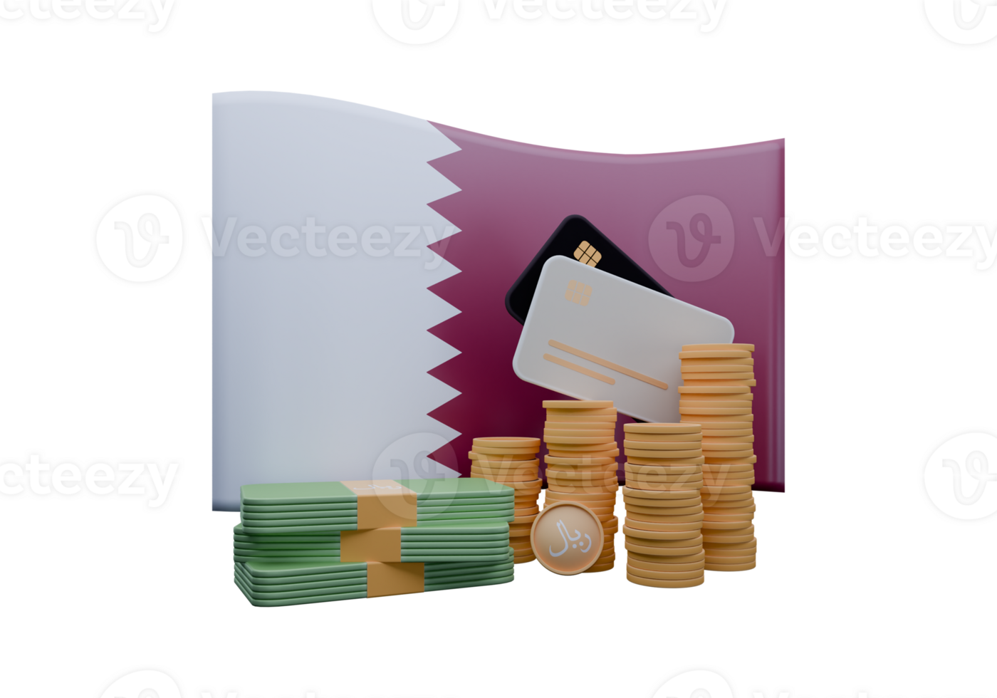 Cute 3D render illustration of Qatar flag and currency called Rial png